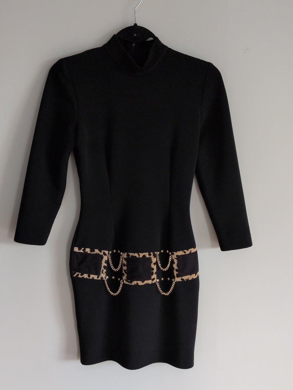 Vintage Joseph Ribkoff Bodycon Dress Mock Neck Gold Chain Animal Print Size 4